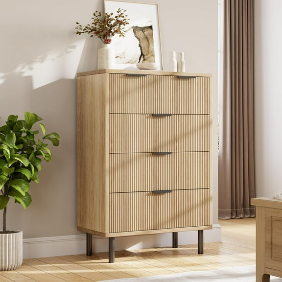 M optimized Fluted 5 Drawer Dresser for Bedroom, Modern Tall Chest of Drawers with Metal Legs, Wooden Drawer Chest Storage Cabinet for Living Room, Hallway, Entryway, Home Office