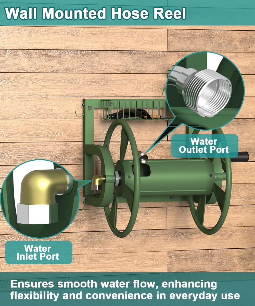 Outdoor Wall Mounted Hose Reel with Hook, Garden Heavy-Duty Water Holder Winder with 3.9 ft Leader Hose, Brass Fitting and Storage Basket for Yard, Holds 125 Ft of 5/8-Inch Hoses, Green