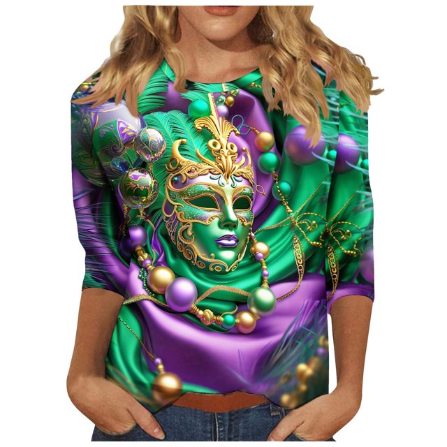 Penkiiy Blouse de Carnaval pour Femmes Mardi Gras Mode Imprimé Décontracté Col Rond Manches 3/4 T-shirt Blouse 2TG Violet
