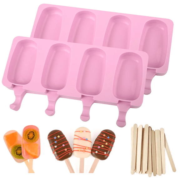 4 Cavities Popsicle Silicone Molds Set, 2 PCS Ice Cream Molds with 50 Wooden Sticks for Cake Pop, Ice Pop, Cakesicles
