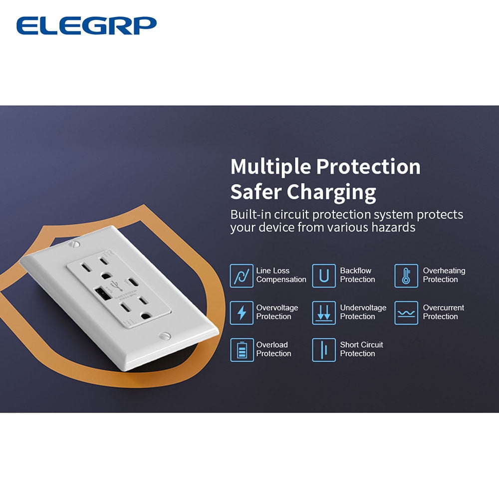 ELEGRP USB Outlets Receptacles, USB C Wall Outlet, 25W 5.0 Amp High Speed Charging USB Electrical Outlet, 15 Amp Tamper-Resistant Outlet with USB C Ports, UL Listed, Wall Plate Included