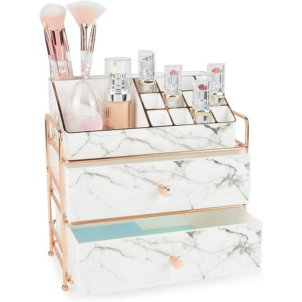 Marble Makeup Organizer, Cosmetic Storage with Drawers Jewelry Box for Vanity Countertop, Rose