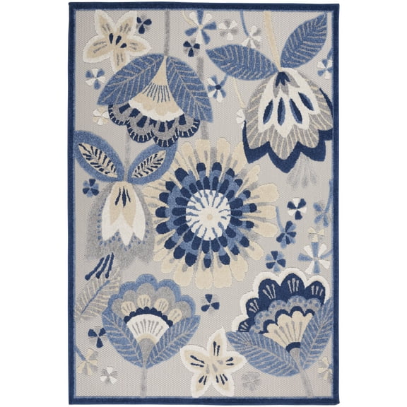 Nourison Aloha Indoor/Outdoor Floral Contemporary Blue/Grey 5'3" x 7'5" Area Rug, (5' x 7')