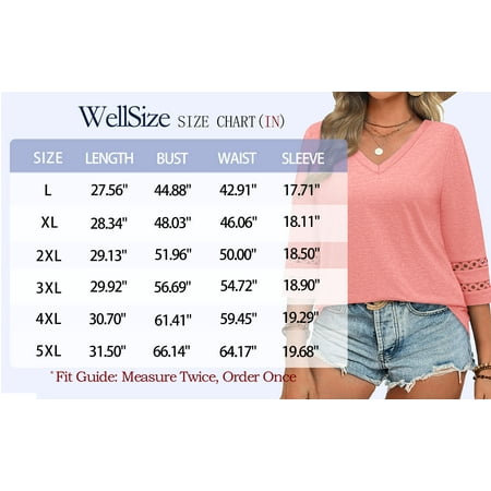 WellSize 3/4 Sleeve Womens Plus Size Tops V Neck Trendy Tunic Blouses Curved Hem Casual Shirts