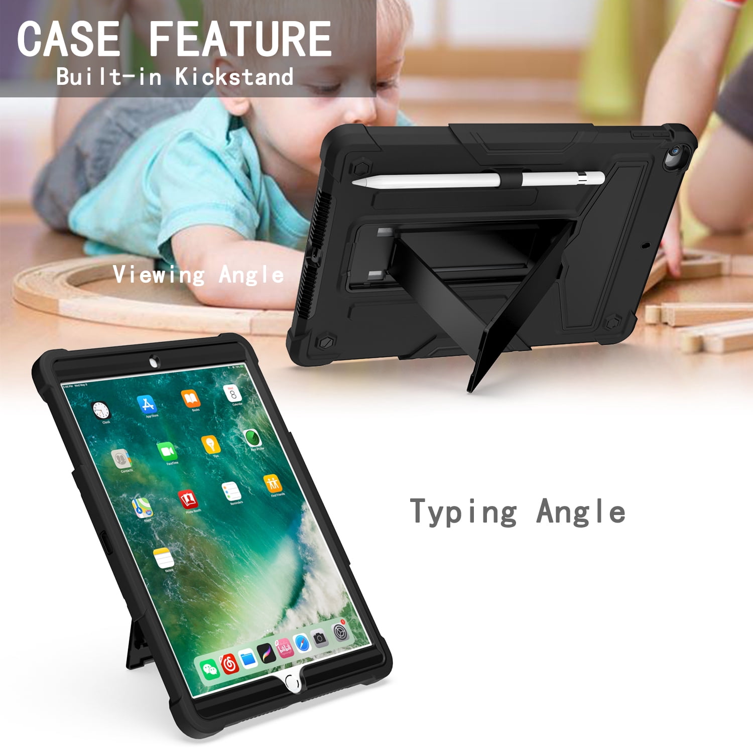 Allytech iPad 7th Generation Cases, iPad 10.2" 2019 Case Heavy Duty Hybrid PC + Silicone Drop Protection Rugged Case with Pencil Holder Built-in Kickstand for Apple iPad 10.2 inch, Black
