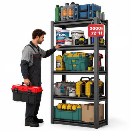 MoNiBloom 3000LB Heavy Duty 5-Tier Storage Shelves, 72"H x 35.5"W x 16"D Metal Shelving Unit for Garage, Pantry, Kitchen, Basement, Black