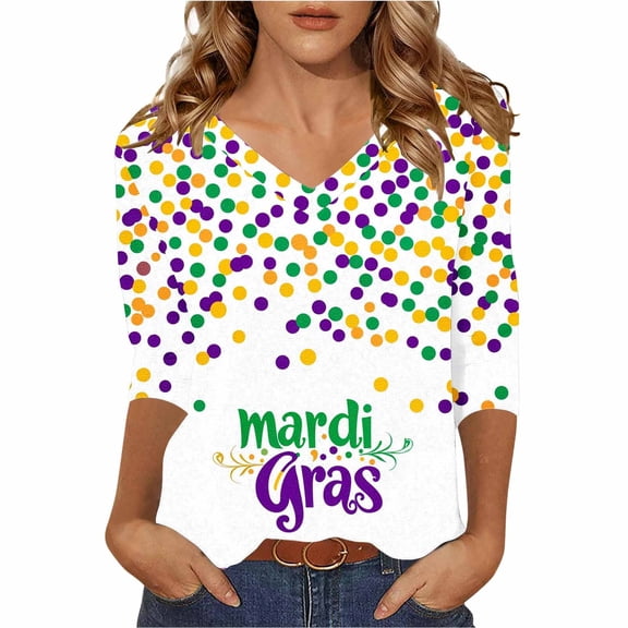 Women's Blouses,Mardi Gras Shirts for Women 3/4 Sleeve Sequin V Neck Mardi Gras Outfits Summer Graphic Holiday Carnival Shirt