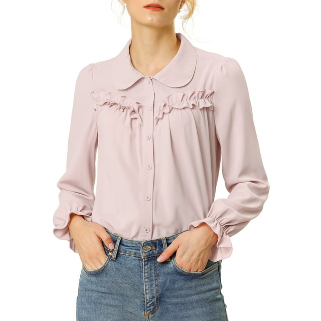 INSPIRE CHIC Women's Button Down Long Sleeve Cuff Ruffle Detail Blouse Shirt Tops S Pink