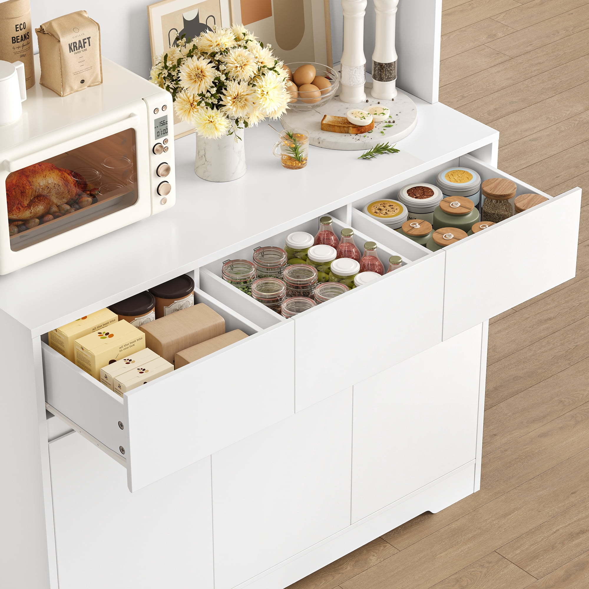 Homfa 70.9'' Tall Kitchen Pantry Cabinet with Charge Station & Led Light, 3 Drawer Storage Cabinet with Adjustable Shelves, White