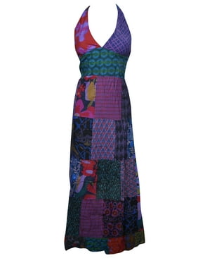 Mogul Women Purple,Blue Patchwork Dress Printed Deep V Neck Cotton Sexy Halter Dress SM
