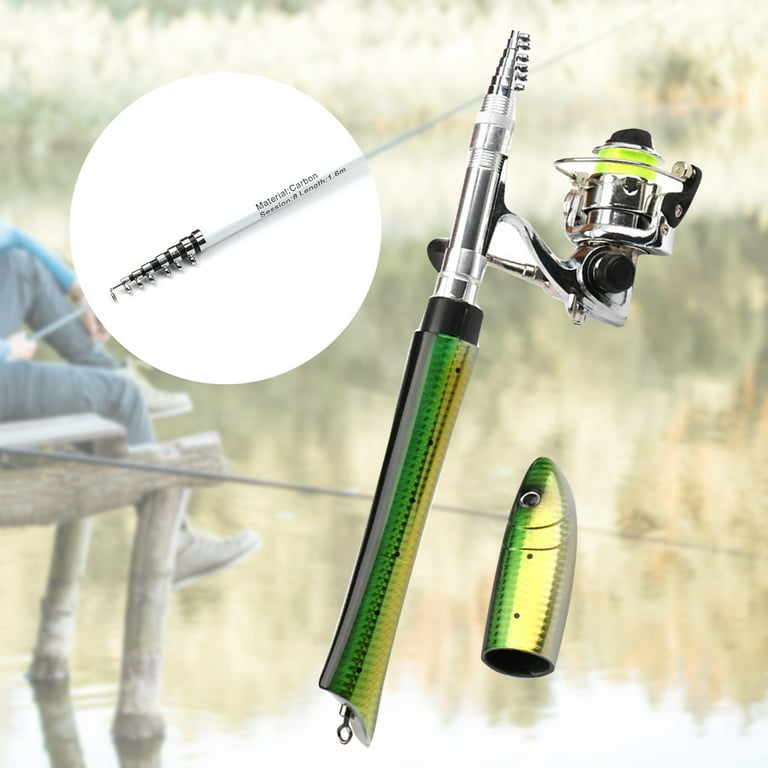 Opolski 1.6m Portable Carbon Fish Shape Telescopic Fishing Rod Pole  Spinning Reel Kits