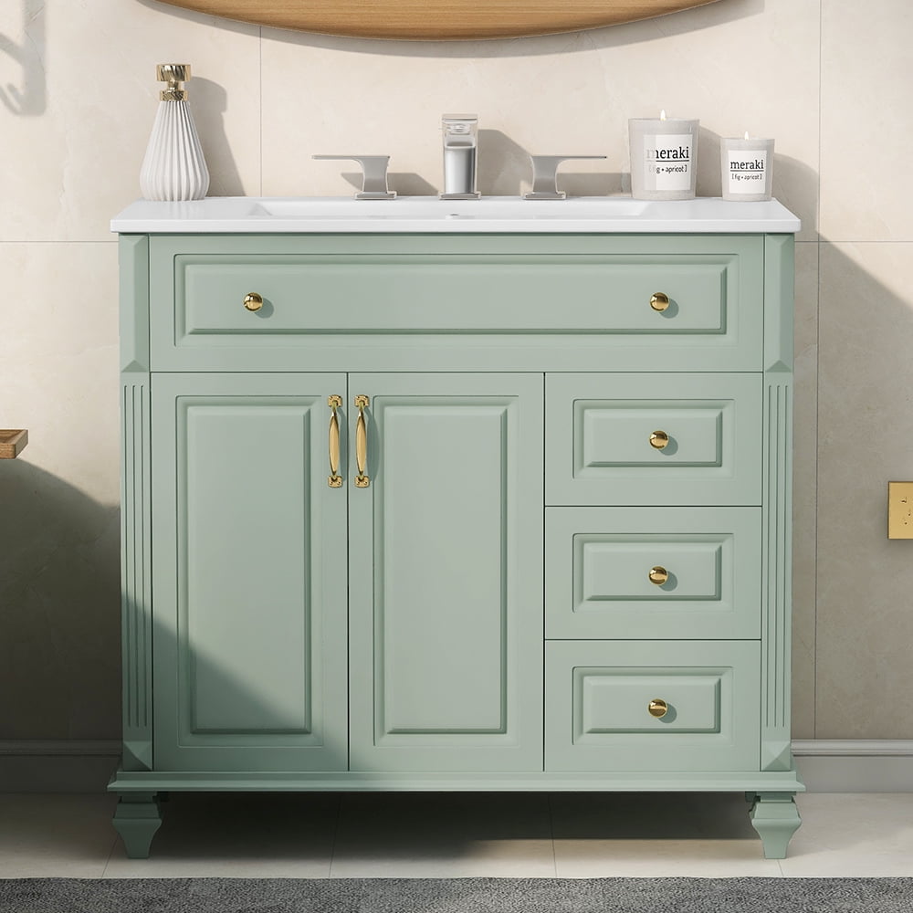 Euroco 36" Bathroom Vanity with Sink, Green Solid Wood Bathroom Cabinet with Flip Drawer, 3 Drawers & 2 Doors, Elegant Design with Golden Metal Handles, Modern MDF Vanity