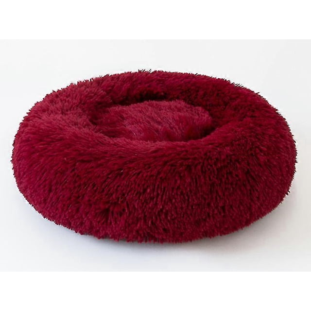 Round Pet Bed Cat Litter Dog Bed Round Plush Cat Bed, Wine Red