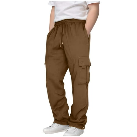 UAYOTSE Boys Casual Pants Fleece Sweatpants Lightweight Open Bottom Lounge Pants Drawstring Jogger Pants with Pockets(7-8 Years T19-Coffee)