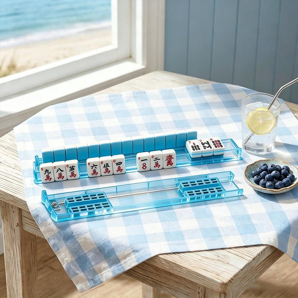 18-Inch Acrylic Mahjong Racks with Pusher Arms, Robust 4-in-1 American Mahjong Accessory Set, Resilient & Shatter-Resistant Tile Holders in Blue / Clear, 4-Pack