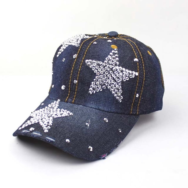 Jinsinto Women Rhinestone Crystal Baseball Cap Bling Studded Denim Hat Adjustable,1pc