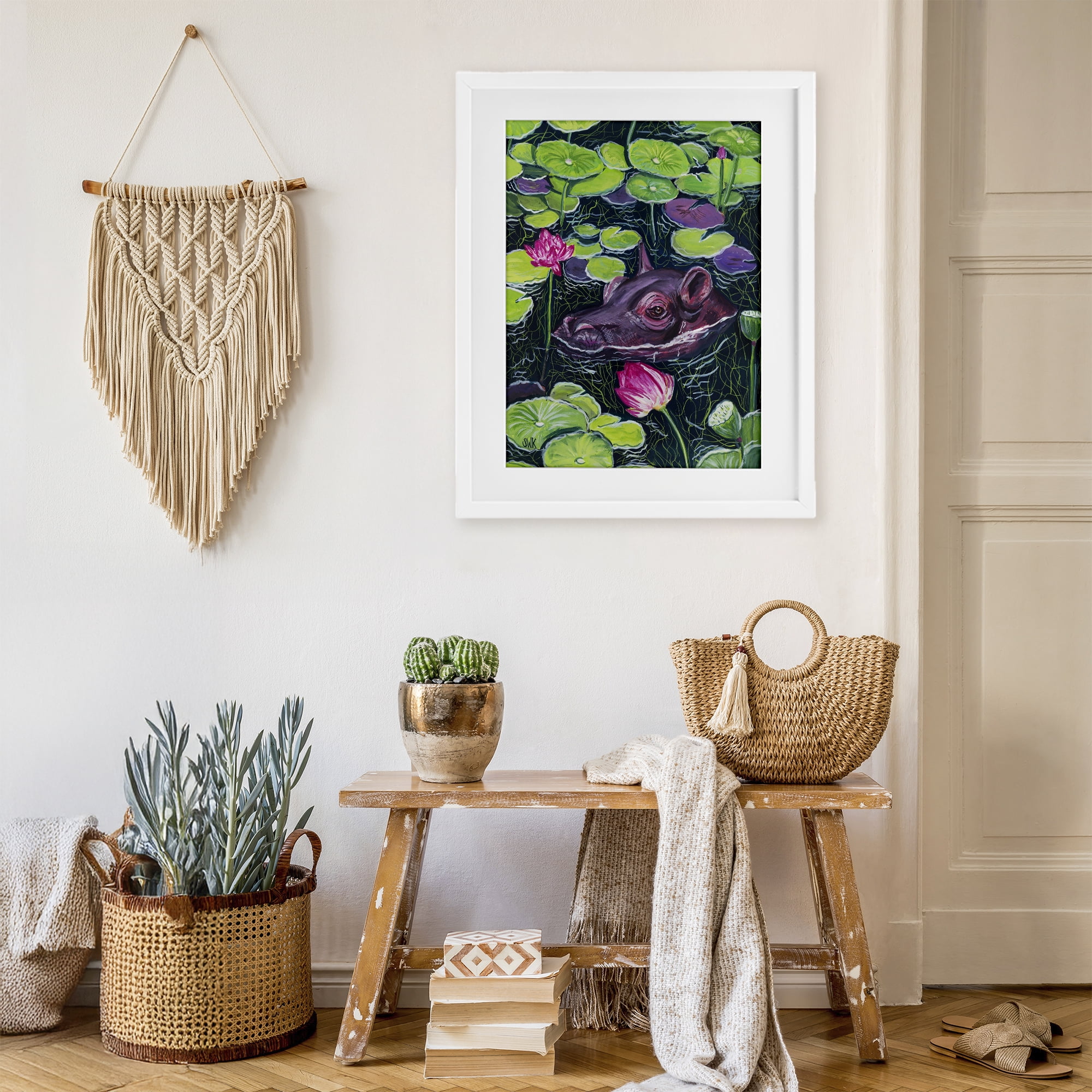 Stupell Industries Hippo & Blossoms Pond White Framed Print Under Glass, design by Sarah Waldron Kimball