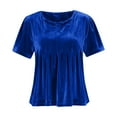 thumbnail image 6 of UTSJKR Womens Velvet Peplum Babydoll Tops Casual Crewneck Pleated Blouse Short Sleeve Flared Swing Pullover Blue XL, 6 of 8