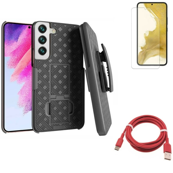 Matte Screen Protector & 6ft USB-C Cable & Case Belt Clip for Samsung Galaxy S22 (6.1") - TPU Film Anti-Glare & Red Charger Cord & Holster Swivel Accessory Bundle