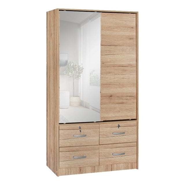 Pemberly Row Double Sliding Door Armoire with Mirror in Natural Oak