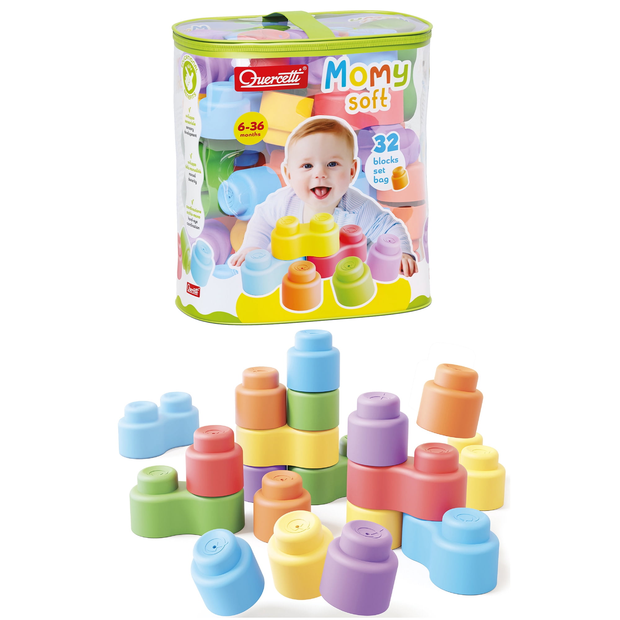Quercetti: Momy Soft - 32pc Blocks Set, Colorful Washable Shapes, Sorting & Stacking, Construction Toy, Safe Early Development Play, Baby-Toddler 6mo+