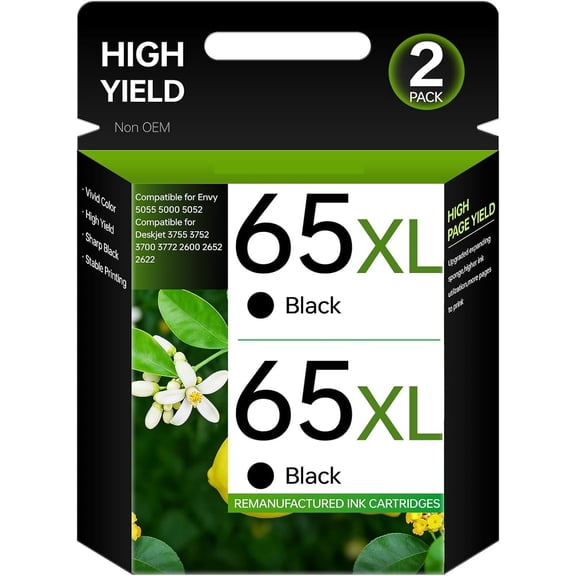 65 XL 65XL Ink Cartridge Compatible for HP65 Black Ink for DeskJet 3755 3700 3752 3772 2600 2622 2652 2655 2640 Envy 5000 5055 5052 5014 5010 5070 AMP 100 120 130 Printers (2 Black)