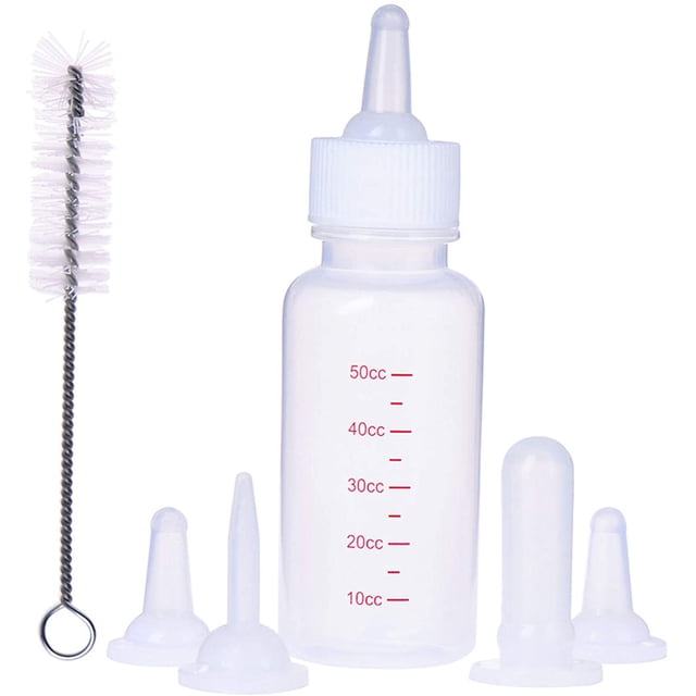 kits de biberones para mascotas kits de biberones de repuesto para gatos biberón para gatitos recién nacidos, cachorros, conejos, animales pequeños. Vista frontal centrada de un biberón transparente con calibración 10-50 cc (capacidad 1.7 oz), tapa roscada blanca y tetina de silicona; incluye 5 tipos de chupetes de repuesto y un cepillo limpiador, adecuado para neonatos sin dientes.