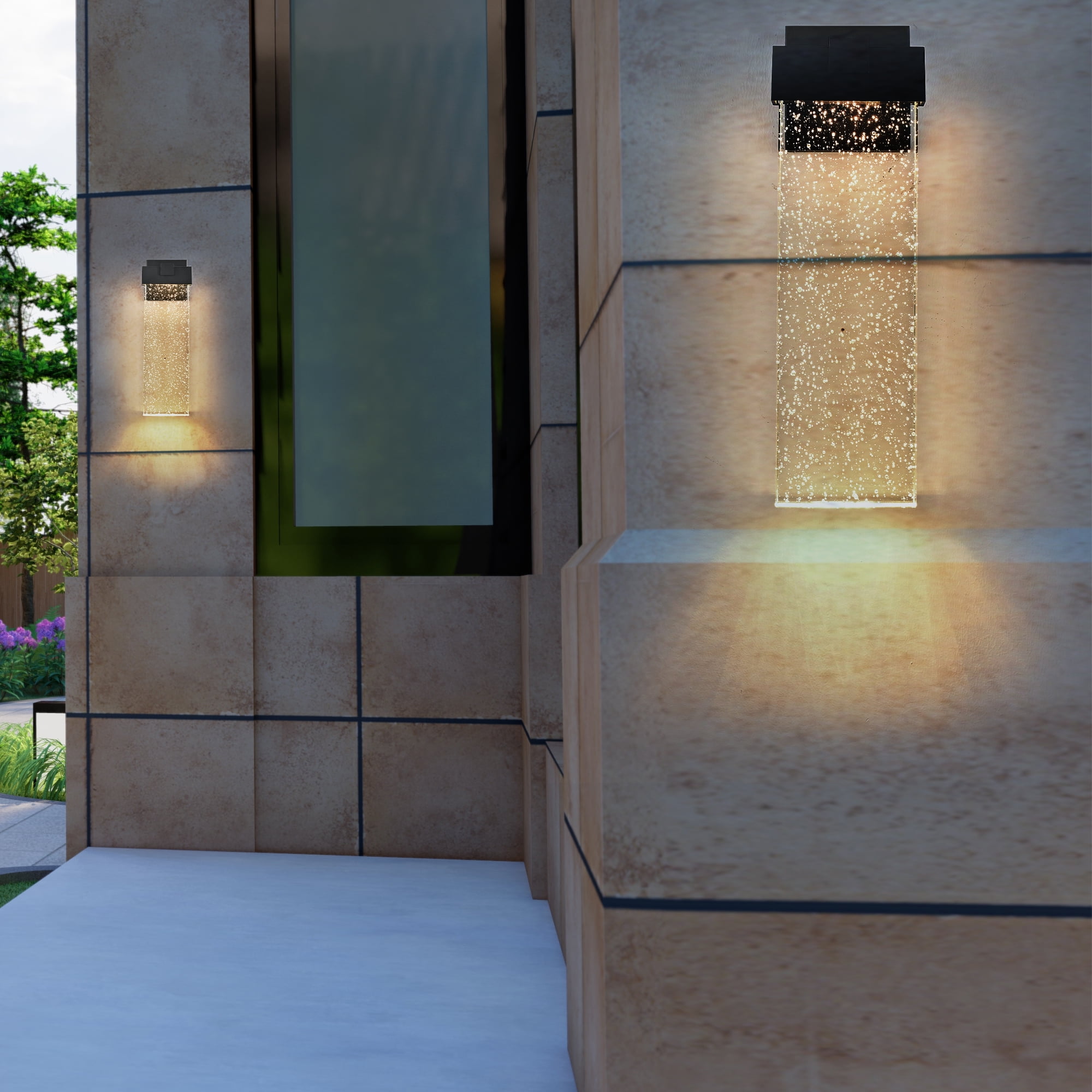 18.2" Front Door LED Outdoor Wall Sconce - Modern Black Aluminum & Bubble Crystal Glass Weatherproof Exterior Light Fixture, 3000K Warm White for Entryway, Garden, Porch