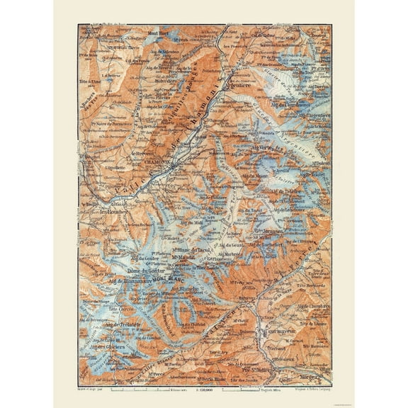 Historic Map - Vallee de Chamonix France Italy - Baedeker 1921 - 23 x 31.12 - Vintage Wall Art