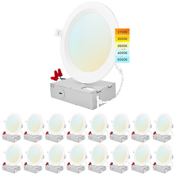 Luxrite 16 Pack 6 inch Ultra Thin LED Recessed Light J-Box 14W 5 Color Options Dimmable 1150 Lumens Baffle IC Rated
