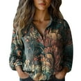 thumbnail image 2 of Women Cotton Shirt Printed Fashion Button Down Shirts Casual Tops Long Sleeve Blouse Navy, 2 of 3
