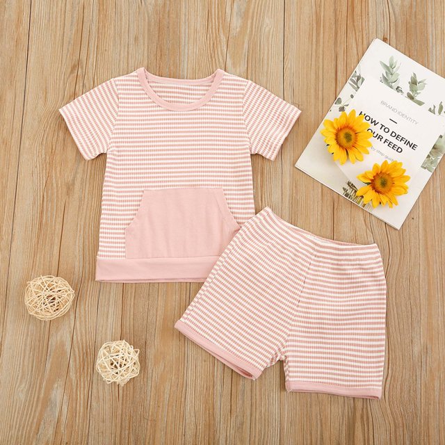 EGNMCR Ensembles de Débardeurs à Col Rond pour Tout-Petits Bébé Rayé Chandail à Manches Courtes Shorts Poche Ensemble de Couleur Unie Ensemble Fille