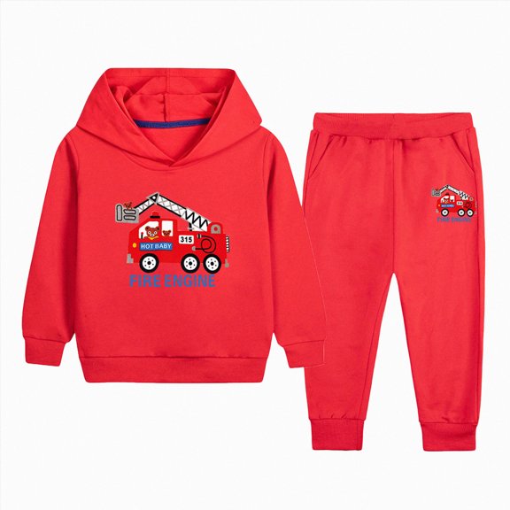 3-4 Years Toddler Boys 2 Piece Outfit Set Fire Engine Graphic Hoodie and Pants