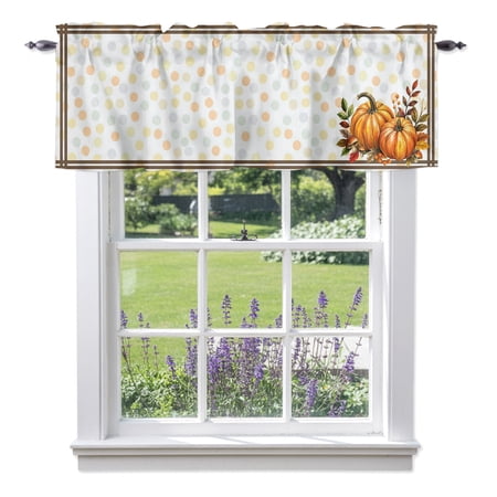 Thanksgiving Fall Valance Curtains for Windows Rustic Orange Pumpkin Polka Dot Striped Frame Light Filtering Rod Pocket Short Valance Curtains for Kitchen Bathroom 56x16in 1 Panel