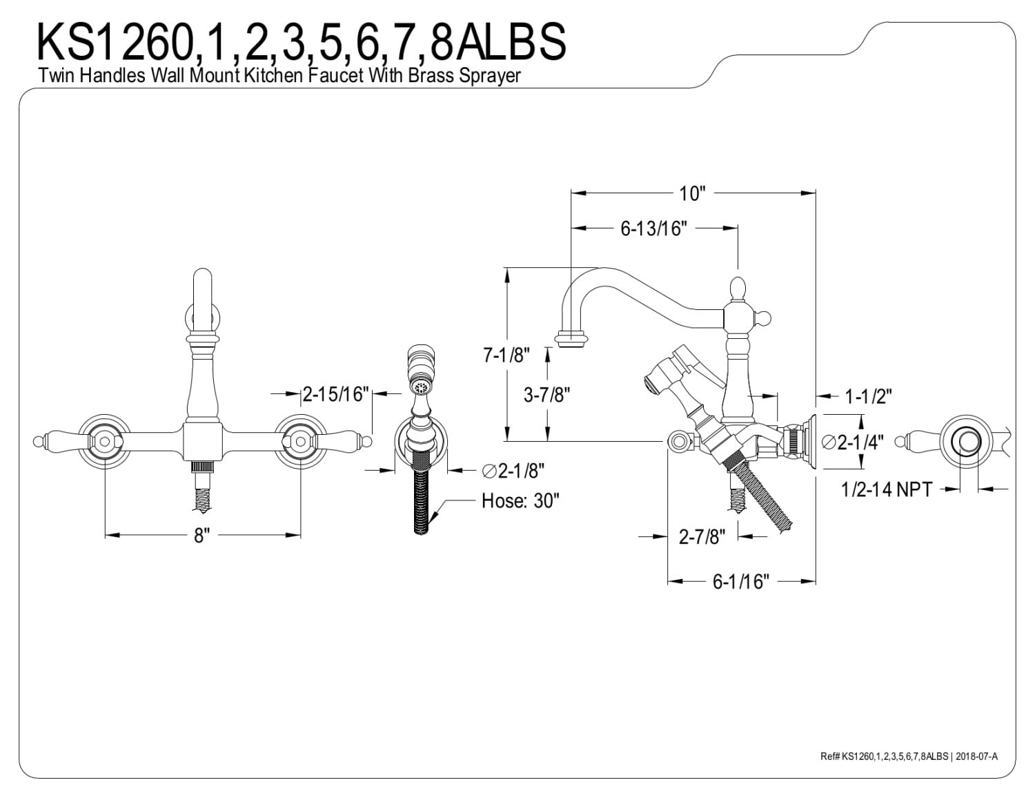 Kingston Brass KS1268ALBS Heritage Wall Mount Bridge Kitchen Faucet with Brass Sprayer, Brushed Nickel