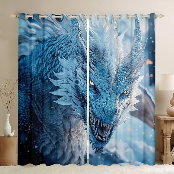Homewish 3D Blue Dragon Black Out Curtains for Teens, Magic Western Animal Curtains Pack of 2 (42x63 Each), Gothic Wildlife Bedroom Curtains, Black Out Curtains Bedroom Decor