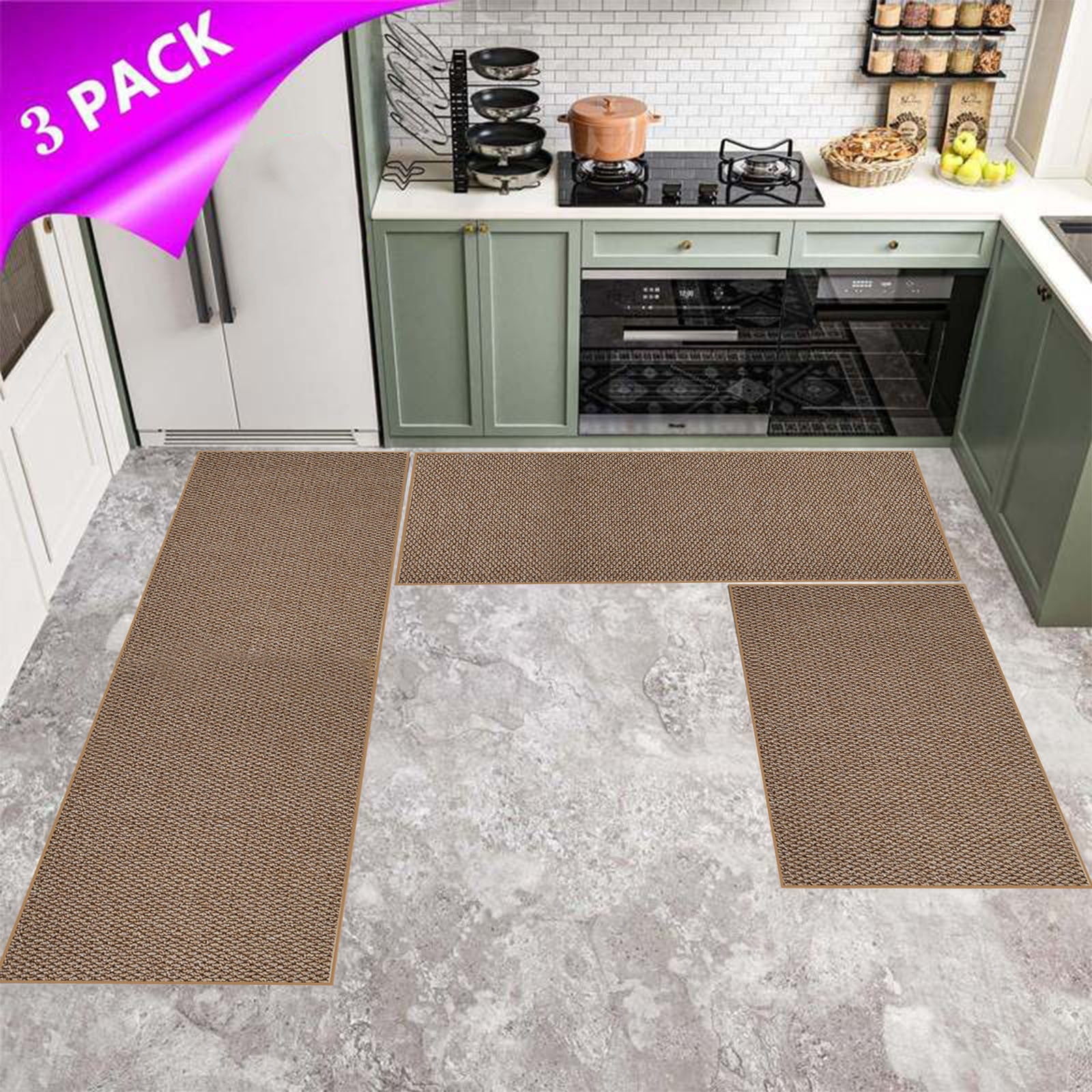 CQCYD Jute Burlap Rug Trio, Non Slip Indoor Outdoor Doormats, Thick Comfortable Kitchen Office Mats, Easy Clean Oil Resistant Entryway Rugs