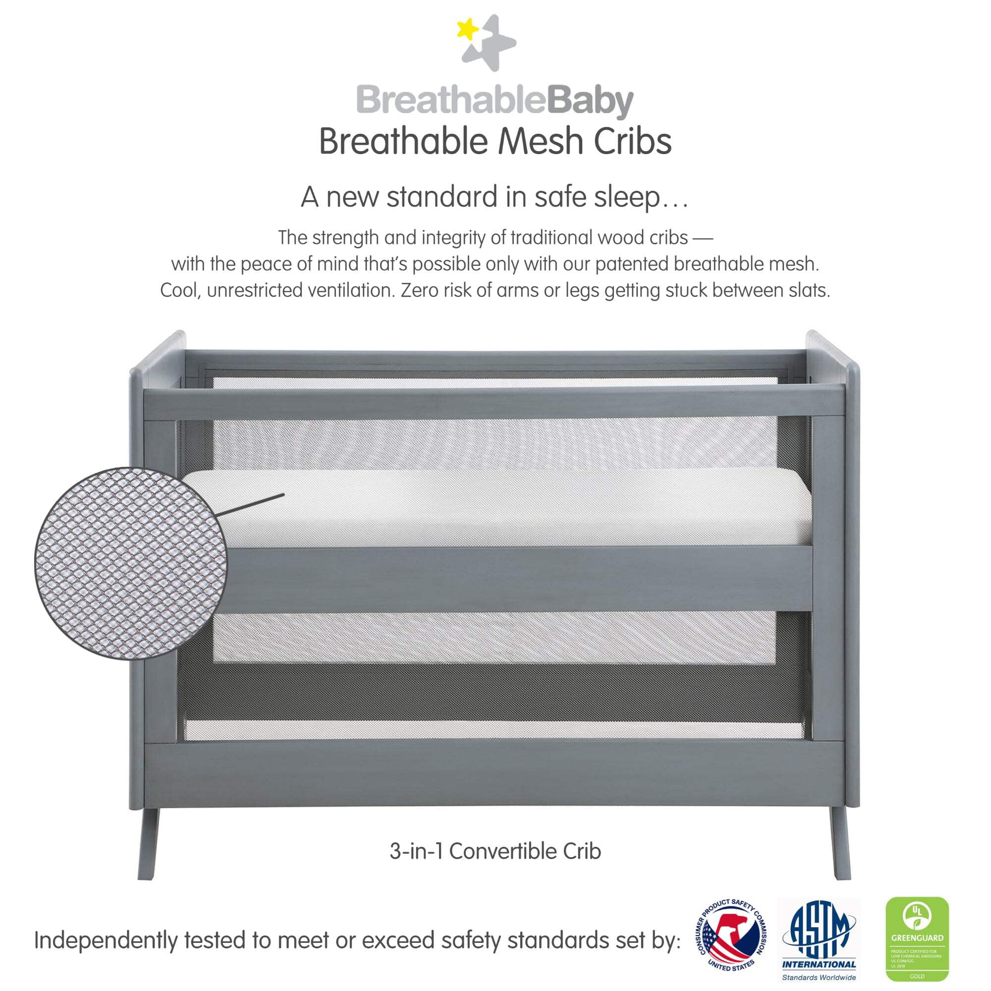 BreathableBaby Breathable Mesh 3-in-1 Convertible Crib, Gray, Greenguard Gold Certified