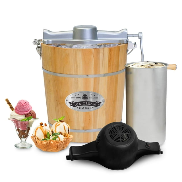 Elite Gourmet - Máquina eléctrica para hacer helados con cubo de madera de los Apalaches, estilo antiguo, de 4 cuartos de galón, manivela de mano clásica fundida a presión para batir, utiliza hielo y