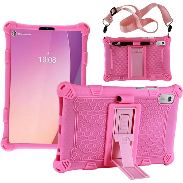 Soft Silicone Case For Lenovo Tab M9 TB-310FU TB-310XU Kickstand Kids Safe Tablet Cover Full Body Protection Shockproof Fundas Pink Pen Rope M9 TB-310FU TB-310XU