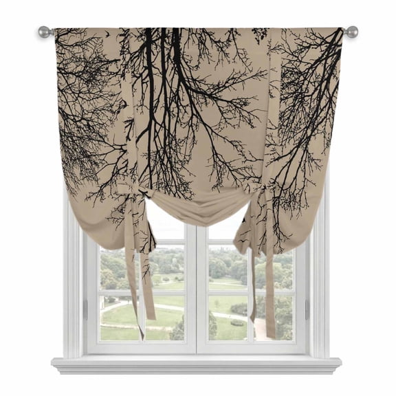 Tree Branch Bird Tie Up Curtain for Window, Brown Background Black Deadwood Adjustable Tie Up Balloon Curtain Valances Rod Pocket Window Treatment for Kitchen Bathroom Bedroom 34"x45"