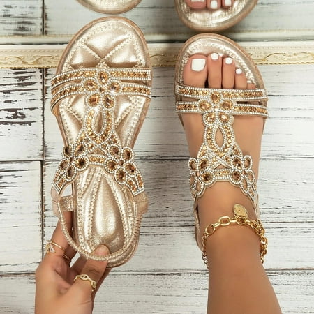 Sandals For Women Comfort With Elastic Ankle Strap Casual Bohemian Beach Shoes Fashion Floral Casual Shoes Open Toe Low Heels Sandals Gold 6.5(37)