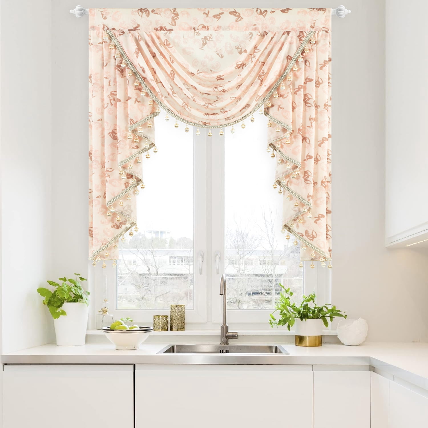 VOGOL Waterfall Valance 39x43 Inch - Sheer Voile, Vintage Pink Roses Print, Beaded Tassels, Farmhouse Style for Bedroom, Living Room, Nursery
