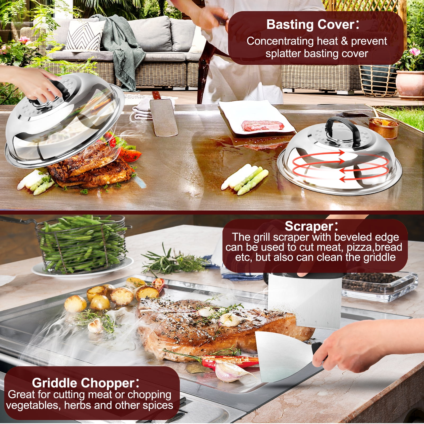 cyrico Griddle Accessories Kit, 126 Pcs Flat Top Grill Accessories for Blackstone and Camp Chef, Grill Spatula Set with Enlarged Spatulas, Basting Cover, Scraper, Burger Press, Carry Bag for Outdoor
