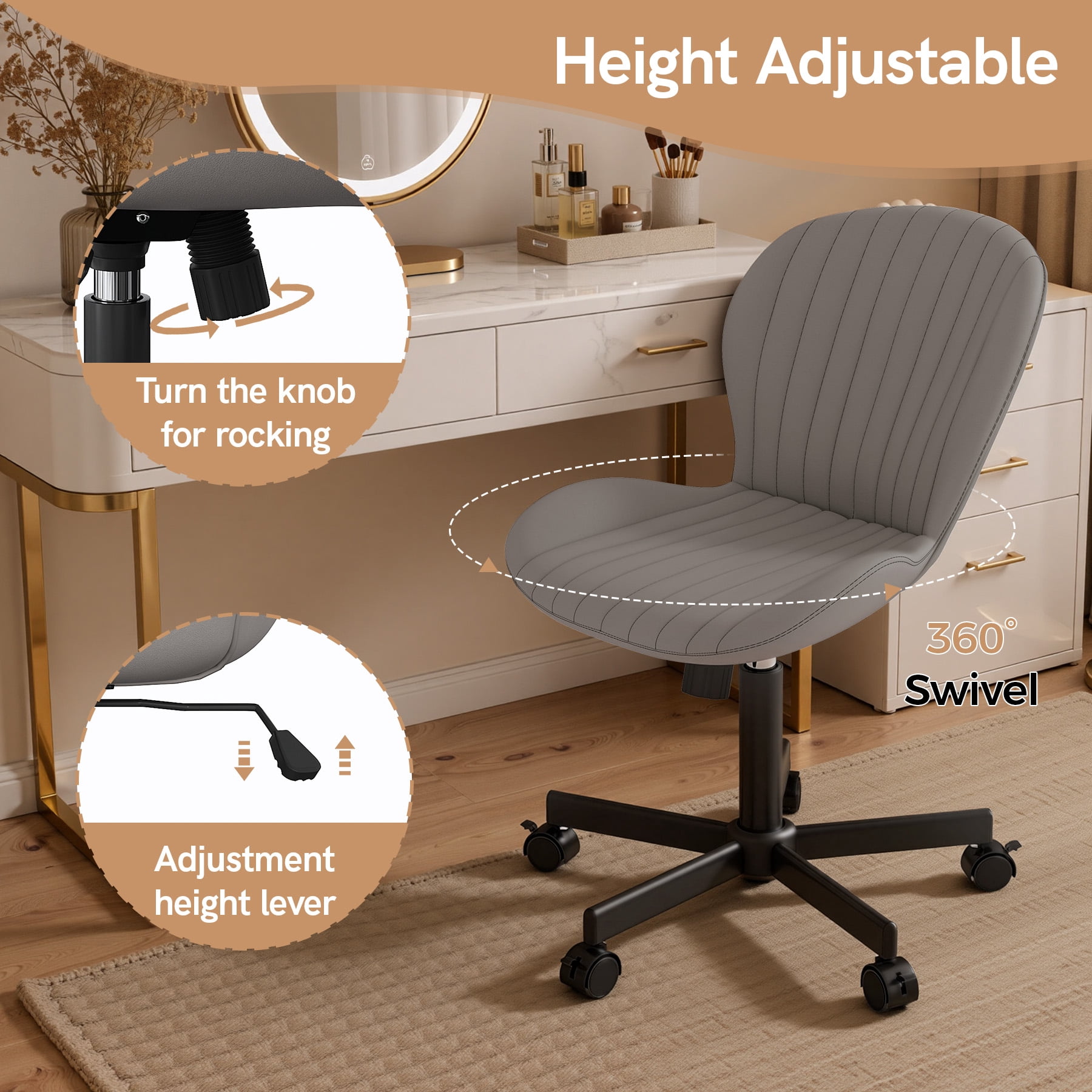 MOONMISS Mid Back PU Leather Desk Chair with Wheels,Armless Adjustable Swivel Vanity Chair for Bedroom Home Office Living Room,Gray