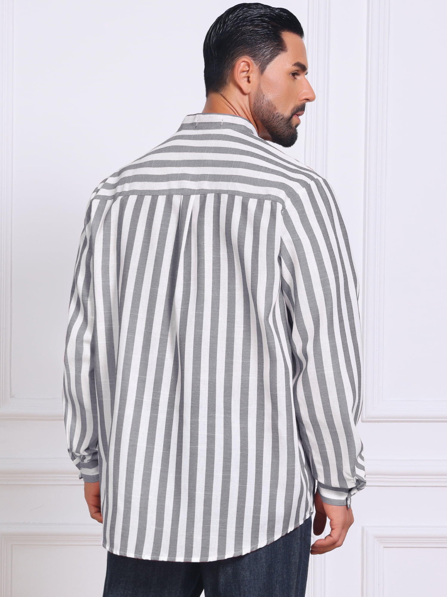 DARING DIVA Men's Striped Stand Collar Long Sleeve Button Down Shirt L Gray