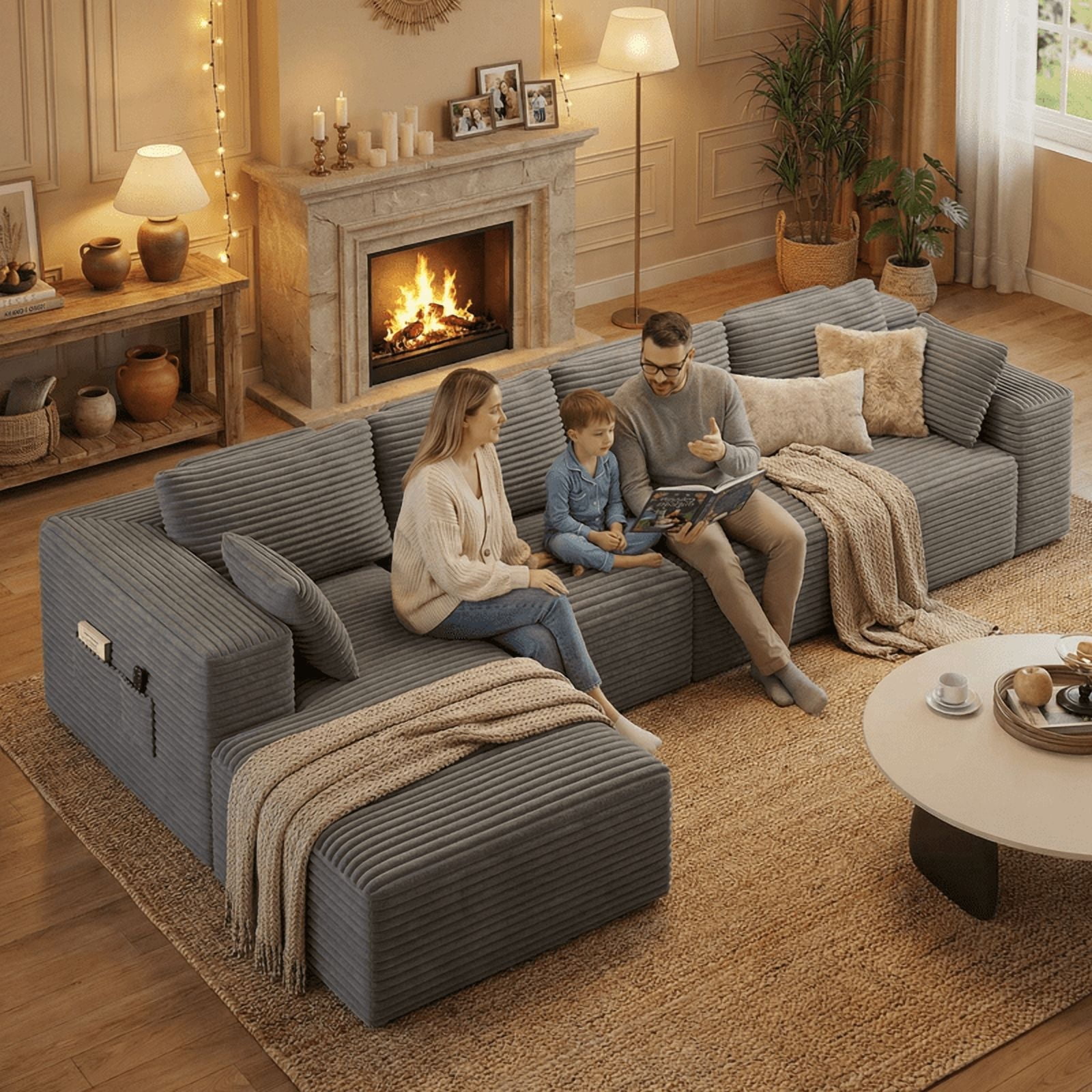 135" L-Shaped Cloud Modular Sectional Sofa, Corduroy Upholstery, Deep Seat Memory Foam Cushion, Dark Gray