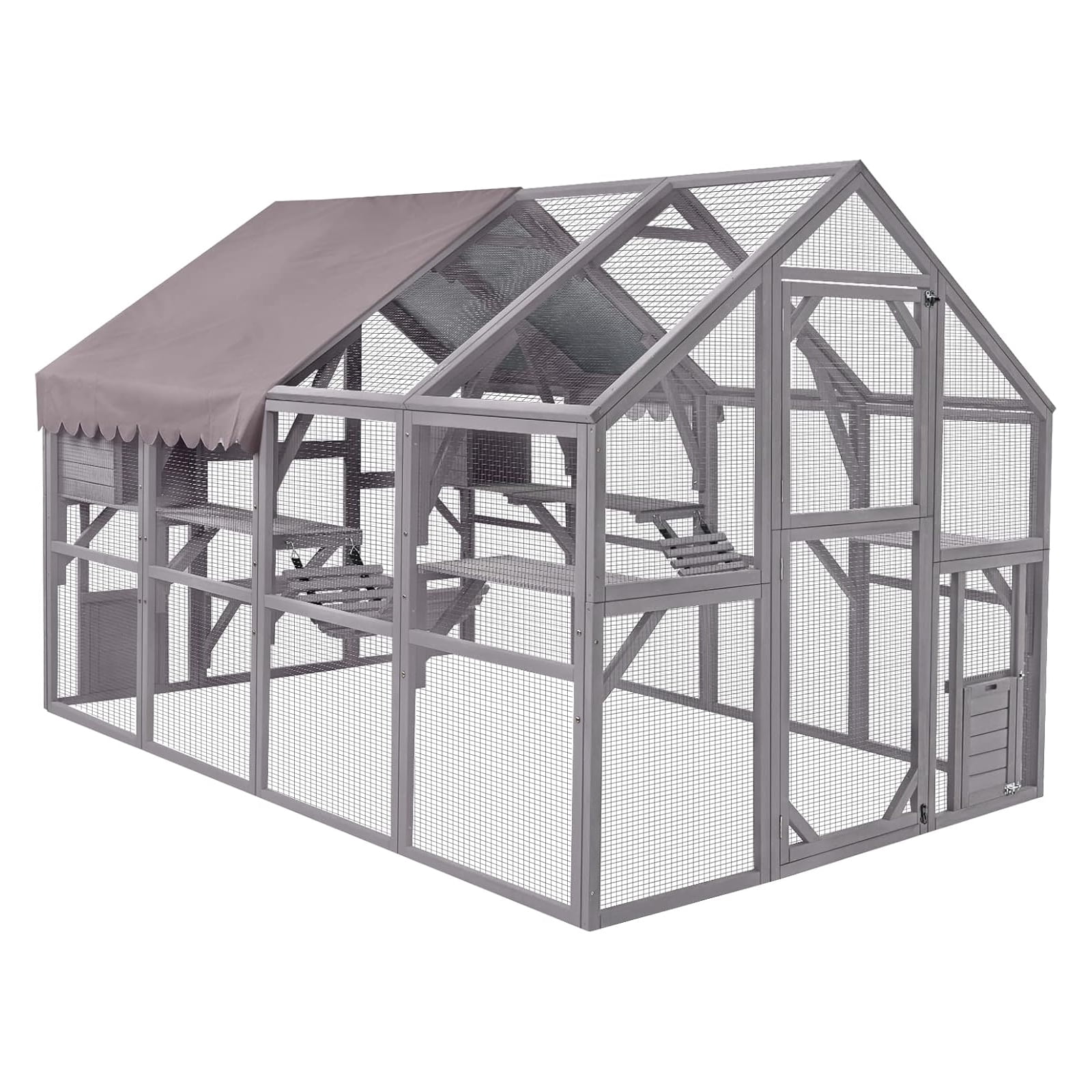 MEWANG Outdoor Cat Catio with Plant Platform-110"Large Kitten Playpen with Playful Perch, Upgrade Waterproof Cover-grey