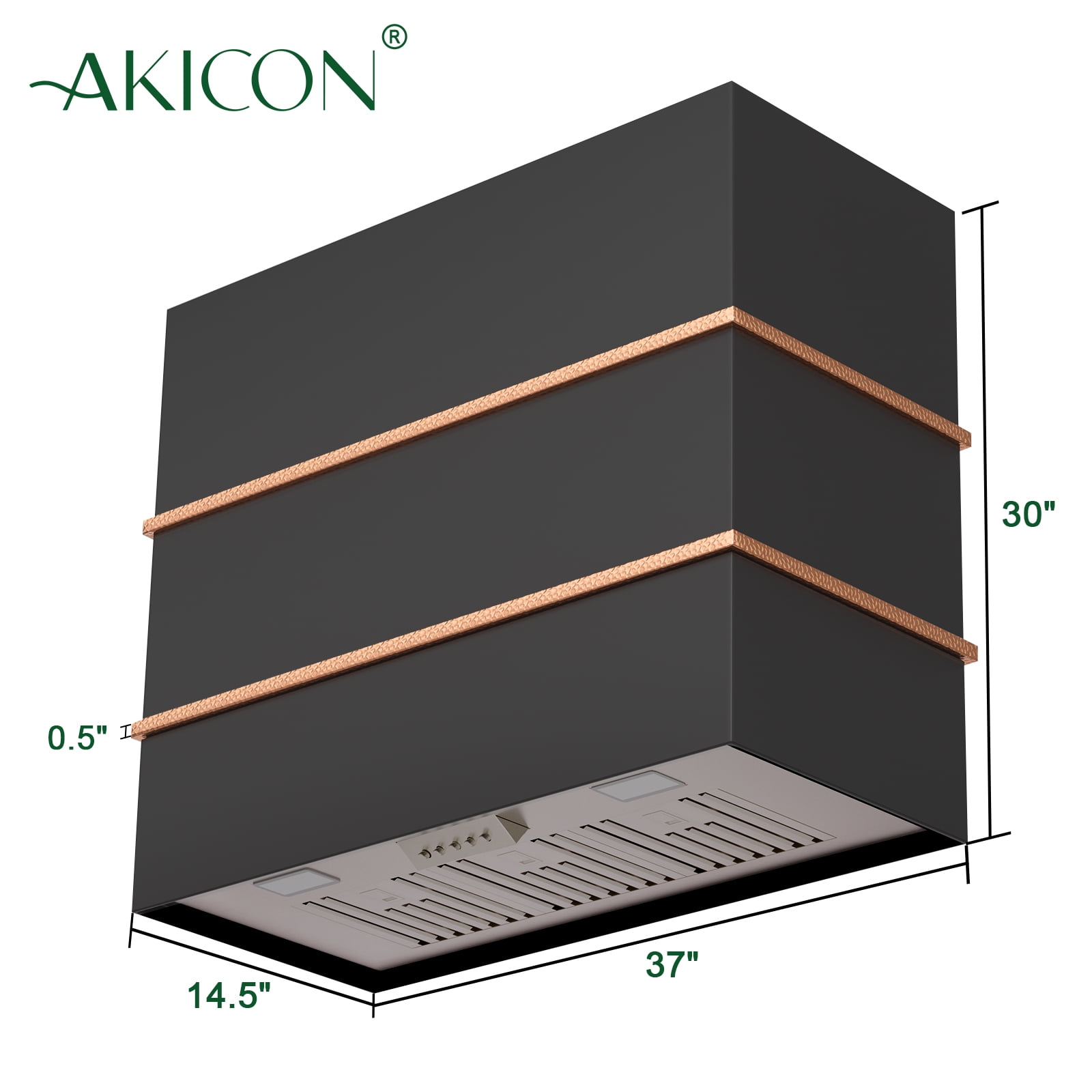 Akicon 36 inch Kitchen Range Hood with 600 CFM, Stainless Steel Wall Mounted Ducted Range Hood, 3 Speed Fan with LED Light, Powerful Vent Motor, Jet Black with Copper