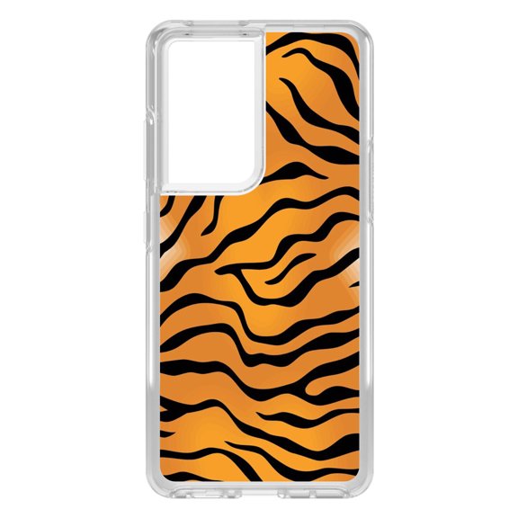 DistinctInk Clear Shockproof Hybrid Case for Galaxy S21 ULTRA 5G (6.8" Screen) - TPU Bumper, Acrylic Back, Tempered Glass Screen Protector - Orange Black White Tiger Skin Print - Animal Print